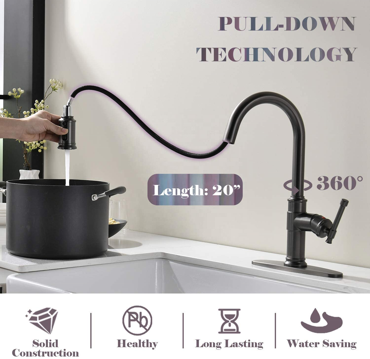 Torneira de cozinha de aço inoxidável preto estilo americano clássica e charmosa torneira de cozinha suspensa de metal