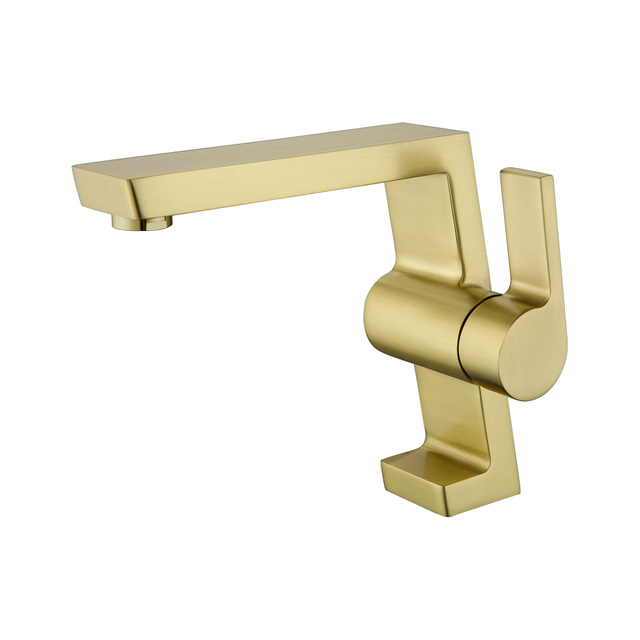 Torneira de banheiro de design exclusivo com torneira única para lavatório em ouro escovado 